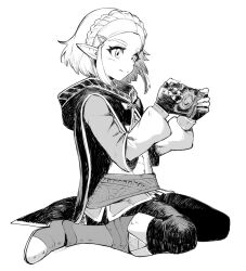 Rule 34 | 1girl, belt, blush, boots, braid, cape, closed mouth, commentary, crown braid, fingerless gloves, flat chest, from side, full body, gloves, greyscale, hair ornament, hairclip, highres, kuroi susumu, light smile, long sleeves, monochrome, nintendo, pants, parted bangs, pointy ears, princess zelda, sheikah slate, shirt, short hair, simple background, sitting, solo, the legend of zelda, the legend of zelda: tears of the kingdom, wariza, white background