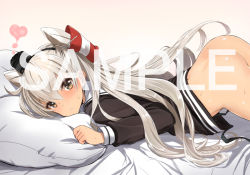 Rule 34 | 10s, 1girl, amatsukaze (kancolle), ass, bed, bed sheet, blush, bottomless, dress, heart, kantai collection, long hair, looking at viewer, lying, pillow, poin (hidsuki), sailor dress, short dress, silver hair, solo, sweat, twintails, two side up