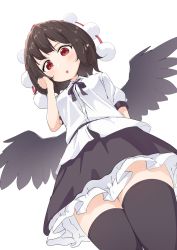 Rule 34 | 1girl, :o, arm behind back, arm up, belt, bird wings, black neckwear, black ribbon, black skirt, black thighhighs, blush, cropped legs, dutch angle, from below, hand in own hair, hat, highres, kanpa (campagne 9), looking at viewer, looking down, petticoat, pointy ears, pom pom (clothes), puffy short sleeves, puffy sleeves, red eyes, red hat, ribbon, shameimaru aya, shirt, short hair, short sleeves, skirt, sleeve cuffs, solo, thighhighs, tokin hat, touhou, untucked shirt, white shirt, wings