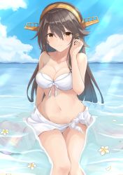 Rule 34 | 1girl, bikini, black hair, blue sky, breasts, brown eyes, cleavage, cloud, commentary request, day, gensoukitan, hair between eyes, hairband, haruna (kancolle), highres, kantai collection, long hair, medium breasts, outdoors, parted lips, partially submerged, sarong, sitting, sky, solo, swimsuit, water, white bikini, white sarong