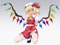 Rule 34 | 1girl, ascot, blonde hair, blush, bow, breasts, clothes lift, crystal, demon horns, drugs, fang, flandre scarlet, frilled shirt, frilled shirt collar, frilled skirt, frilled sleeves, frills, full-face blush, full body, glowing, gluteal fold, grey background, hat, hat ribbon, head tilt, heart, heart-shaped pupils, horns, kneeling, lifted by self, long skirt, medium hair, mob cap, naughty face, no panties, one side up, ootsuki wataru, pill, puffy short sleeves, puffy sleeves, red bow, red eyes, red ribbon, red skirt, red vest, ribbon, shirt, short sleeves, skirt, skirt lift, skirt set, small breasts, solo, symbol-shaped pupils, tongue, tongue out, touhou, vest, white shirt, wings, yellow ascot
