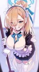 Rule 34 | 1girl, absurdres, apron, asuna (blue archive), black choker, black dress, blue archive, blue bow, blue bowtie, blue eyes, blue halo, blush, bow, bowtie, breasts, choker, cleavage, dress, feet out of frame, frilled apron, frills, gloves, grin, gubbi on, hair over one eye, halo, highres, large breasts, light brown hair, long hair, looking at viewer, maid, maid apron, maid headdress, mole, mole on breast, short sleeves, smile, solo, thighhighs, white apron, white gloves, white thighhighs