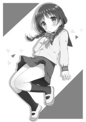 Rule 34 | 1girl, blush, braid, closed mouth, commentary request, fingernails, full body, greyscale, hair over shoulder, hand up, kneehighs, long sleeves, looking at viewer, low twintails, monochrome, neckerchief, original, school uniform, serafuku, shirt, shoes, skirt, sleeves past wrists, smile, socks, solo, tareme, twin braids, twintails, usashiro mani, uwabaki