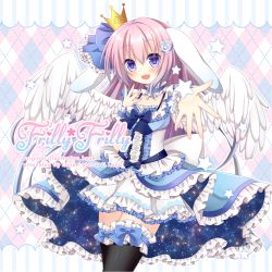 Rule 34 | 1girl, animal ears, black thighhighs, blue bow, blue dress, blue hair, bow, center frills, commentary request, crescent, crescent hair ornament, crown, dress, ears down, feathered wings, floppy ears, frilled dress, frilled thighhighs, frills, gradient hair, hair between eyes, hair bow, hair ornament, head tilt, himetsuki luna, long hair, mini crown, multicolored hair, original, pink hair, plaid, plaid background, purple eyes, rabbit ears, solo, star (symbol), star hair ornament, thighhighs, very long hair, white wings, wings