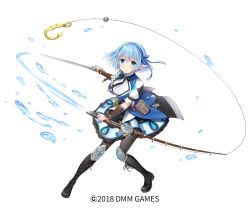 Rule 34 | 1girl, arm guards, black pantyhose, black skirt, blue bow, blue eyes, blue hair, blue hairband, blue vest, blush, boots, bow, breasts, circle skirt, closed mouth, commentary request, cross-laced footwear, dual wielding, fiona (gemini seed), fishing hook, fishing line, fishing rod, full body, gemini seed, hagino kouta, hair bow, hairband, holding, holding fishing rod, holding sword, holding weapon, knee boots, lace-up boots, large breasts, official art, pantyhose, pointy ears, puffy short sleeves, puffy sleeves, shirt, short hair, short sleeves, simple background, skirt, smile, solo, striped bow, striped clothes, striped hairband, sword, vest, water drop, watermark, weapon, white background, white shirt