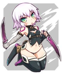 Rule 34 | 1girl, bandaged arm, bandages, bare shoulders, black panties, black thighhighs, blush, breasts, dual wielding, fate/apocrypha, fate/grand order, fate (series), gloves, green eyes, holding, jack the ripper (fate/apocrypha), knife, looking at viewer, navel, oomochi (16215775), panties, scar, short hair, solo, thighhighs, underwear, weapon, white hair