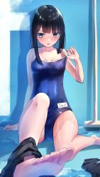Rule 34 | 1girl, 200f (nifu), absurdres, against wall, barefoot, black hair, black skirt, blue eyes, blue one-piece swimsuit, blunt bangs, blush, breasts, broom, clothes pull, collarbone, competition school swimsuit, covered erect nipples, covered navel, dripping, empty pool, feet, foot focus, foreshortening, hand up, highres, knee up, lens flare, looking at viewer, name tag, on floor, one-piece swimsuit, open mouth, original, pleated skirt, pool, raised eyebrow, school swimsuit, sidelocks, sitting, skirt, skirt around ankles, skirt around one leg, skirt pull, small breasts, soles, swimsuit, undressing, unworn clothes, wet, wet clothes, wet swimsuit