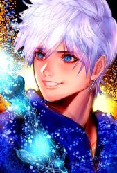 Rule 34 | 1boy, blue eyes, glowing, grin, jack frost (megami tensei), nyamunekonabe, portrait, rise of the guardians, short hair, signature, smile, solo, teeth, upper body, white hair