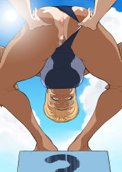 Rule 34 | 1girl, :c, anus, ass, ass focus, ass grab, barefoot, black hairband, black pubic hair, blonde hair, blush, breasts, censored, closed mouth, clothing aside, cloud, day, feet, female focus, female pubic hair, from below, green eyes, groin, gyaru, hairband, hands on own knees, highres, large breasts, leaning forward, legs, looking at viewer, looking back, looking down, mature female, medium hair, minamida usuke, mosaic censoring, nose blush, one-piece swimsuit, original, outdoors, pov, pubic hair, pussy, pussy juice, shiny clothes, shiny skin, sky, solo focus, standing, sun, sunlight, swimsuit, swimsuit aside, tan, tanline, thighs, tomodachi no mama roshutsu jiyuu kenkyuu, wet