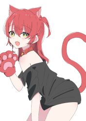 Rule 34 | 1girl, 818 seki, animal ears, animal hands, bell, black skirt, blush, bocchi the rock!, cat ears, cat girl, cat paws, cat tail, fang, green eyes, highres, jingle bell, kita ikuyo, long hair, looking at viewer, loose clothes, medium hair, oversized clothes, oversized shirt, paw pose, red hair, shirt, simple background, skirt, solo, t-shirt, tail, white background