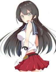 Rule 34 | 10s, 1girl, agano (kancolle), black hair, breasts, day mello, female focus, gloves, green eyes, kantai collection, large breasts, long hair, midriff, miniskirt, open mouth, school uniform, serafuku, skirt, smile, solo