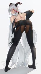 Rule 34 | 1girl, absurdres, aegir (azur lane), ass, azur lane, bare back, black dress, black gloves, black pantyhose, blush, closed mouth, demon horns, dress, elbow gloves, full body, gloves, hand on own hip, highres, horns, leaning forward, long hair, looking at viewer, looking back, multicolored hair, no shoes, panties, panties under pantyhose, pantyhose, ropi (yyuichi29), silver hair, smile, solo, standing, tongue, tongue out, underwear, v, very long hair, white background, yellow eyes
