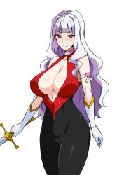 Rule 34 | 1girl, bare shoulders, blunt bangs, blush, bodysuit, breasts, cleavage, covered erect nipples, covered navel, cowboy shot, cutie honey, gloves, heart, highres, holding, holding sword, holding weapon, idolmaster, idolmaster (classic), large breasts, long hair, looking at viewer, purple eyes, purple hair, shijou takane, silver hair, simple background, smile, solo, sword, tawashi1623, weapon, white background, white gloves