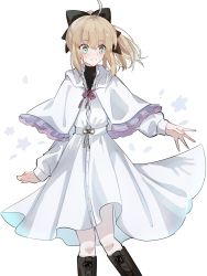Rule 34 | 1girl, ahoge, artoria pendragon (all), artoria pendragon (fate), black bow, black socks, blonde hair, bow, capelet, dress, fate/unlimited codes, fate (series), floating hair, green eyes, grin, hair between eyes, hair bow, highres, kneehighs, long dress, long hair, long sleeves, nayu tundora, ponytail, ribbon, saber (fate), saber lily, smile, socks, solo, standing, white background, white capelet, white dress