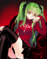 Rule 34 | 1girl, c.c., code geass, cosplay, creayus, fate/stay night, fate (series), green hair, crossed legs, long hair, looking at viewer, no panties, ribbon, smile, solo, thighhighs, tohsaka rin (cosplay), toosaka rin, twintails, yellow eyes