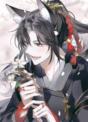 Rule 34 | 1boy, animal ear fluff, animal ears, black hair, black hanfu, blush, branch, chinese clothes, falling petals, fox ears, grey eyes, hanfu, high ponytail, highres, holding, holding branch, long hair, looking down, modao zushi, open mouth, petals, smile, solo, tassel, wei wuxian, white som
