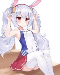 Rule 34 | 1girl, 2drr, :o, animal ears, armpits, arms up, azur lane, bare arms, bare shoulders, blush, breasts, camisole, collarbone, commentary request, covered navel, feet out of frame, hair between eyes, hairband, highres, knees up, laffey (azur lane), long hair, looking at viewer, parted lips, pleated skirt, rabbit ears, red eyes, red hairband, red skirt, sidelocks, silver hair, simple background, sitting, skirt, small breasts, solo, thighhighs, twintails, very long hair, white background, white camisole, white thighhighs