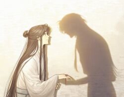 Rule 34 | 1boy, bandaged neck, bandages, brown hair, chinese clothes, closed mouth, couple, drop shadow, from side, gatan666, hair bun, hair ribbon, half updo, hanfu, highres, holding hands, hua cheng, long sleeves, looking ahead, profile, ribbon, robe, shadow, sidelocks, single hair bun, smile, solo focus, tianguan cifu, upper body, white background, white ribbon, white robe, wide sleeves, xie lian, yaoi