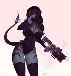Rule 34 | 10s, 1girl, au ra, black hair, breasts, cleavage, cleavage cutout, clothing cutout, colored skin, final fantasy, final fantasy xiv, grey skin, gun, highres, horns, leotard, looking at viewer, one eye closed, red eyes, solo, tail, tattoo, tesomu, weapon, wink