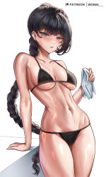 Rule 34 | 1girl, arm support, bare arms, bare shoulders, bikini, black bikini, black hair, blue eyes, blush, braid, braided ponytail, breasts, collarbone, commentary, commentary request, cowboy shot, ear piercing, earrings, english commentary, highres, holding rag, jewelry, large breasts, long hair, looking at viewer, low ponytail, mixed-language commentary, mole, mole under eye, nabi (wonnikon), navel, original, paid reward available, parted lips, patreon username, piercing, shiny skin, simple background, solo, stomach, string bikini, stud earrings, sweatdrop, swimsuit, underboob, very long hair, white background, wonnikon