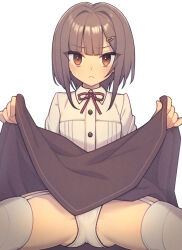 Rule 34 | 1girl, :&lt;, black skirt, blunt bangs, blush, breasts, brown eyes, brown hair, buttons, clothes lift, collared shirt, commentary, dress shirt, everyntrge, flashing, frown, garter straps, gluteal fold, hair ornament, hairclip, looking at viewer, original, paid reward available, panties, red ribbon, ribbon, shirt, short hair, sidelocks, simple background, skirt, skirt lift, small breasts, solo, spread legs, sweatdrop, thighhighs, underwear, white background, white panties, white thighhighs
