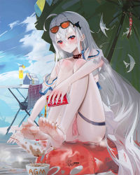 Rule 34 | 1girl, absurdres, ahoge, arknights, bandaid, bandaid on pussy, barefoot, beach umbrella, blue sky, blush, can, chinese commentary, cloud, commentary request, cup, day, drink can, eyewear on head, hair between eyes, highres, holding, holding can, knees up, long hair, looking at viewer, milk carton, no headwear, official alternate costume, omone hokoma agm, pasties, red eyes, silver hair, sitting, skadi (arknights), skadi (waverider) (arknights), sky, soda can, solo, sunglasses, teacup, thighs, umbrella, very long hair