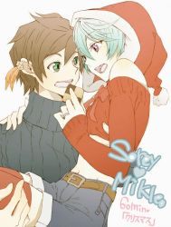 Rule 34 | 10s, 2boys, brown hair, carrying, christmas, cookie, crossdressing, earrings, feather earrings, feathers, food, green eyes, hat, jewelry, male focus, md5 mismatch, mikleo (tales), multiple boys, nun 0312, off shoulder, princess carry, purple eyes, ring, santa hat, short hair, smile, sorey (tales), sweater, tales of (series), tales of zestiria, thighhighs, wedding band, wedding ring, white hair, yaoi