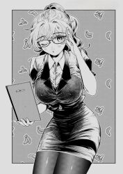 Rule 34 | 1girl, banana, banana peel, blonde hair, blush, book, breasts, closed mouth, filter-goshi no kanojo, food, fruit, glasses, greyscale, hand up, highres, jacket, koto mitsuha, large breasts, long hair, looking at viewer, miniskirt, monochrome, official art, one eye closed, pantyhose, pencil skirt, purple eyes, shirt, short sleeves, skirt, smile, solo, source request, very long hair, white shirt