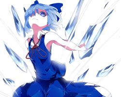 Rule 34 | 1girl, armpits, bare shoulders, blue bow, blue dress, blue eyes, blue hair, bow, cirno, collared shirt, cowboy shot, crazy eyes, crystal, dress, evil smile, fairy, fairy wings, hair bow, hair over one eye, highres, ice, ice wings, ikurauni, looking at viewer, matching hair/eyes, outstretched arms, parted lips, red ribbon, ribbon, shaded face, shirt, sleeveless, sleeveless dress, sleeveless shirt, smile, solo, touhou, wings