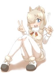 Rule 34 | 10s, 1girl, :d, alpaca ears, alpaca suri (kemono friends), animal ears, blonde hair, blue eyes, breast pocket, clenched hand, commentary request, full body, fur-trimmed sleeves, fur scarf, fur trim, hair over one eye, hands up, highres, kemono friends, knees together feet apart, knees up, long sleeves, looking at viewer, medium hair, open mouth, pantyhose, pantyhose under shorts, pocket, scarf, shirt, shoes, shorts, simple background, sitting, smile, solo, sweater vest, thin (suzuneya), translation request, v, v-shaped eyebrows, white background, white pantyhose, white shirt