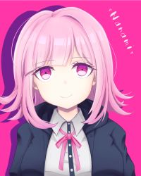 Rule 34 | 1girl, bad id, bad pixiv id, black jacket, breasts, character name, commentary request, danganronpa (series), danganronpa 2: goodbye despair, dot nose, face, flipped hair, heart, highres, jacket, large breasts, looking at viewer, nanami chiaki, piatin, pink background, pink eyes, pink hair, pink ribbon, ribbon, shirt, short hair, simple background, smile, solo, white shirt