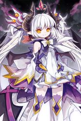 Rule 34 | 10s, 1girl, bad id, bad pixiv id, chain chronicle, closed mouth, demon girl, demon horns, detached sleeves, dress, gem, grey hair, highres, horns, long hair, pale skin, pointy ears, roman numeral, sleeveless, sleeveless dress, sleeves past wrists, smile, solo, thighhighs, twintails, very long hair, vilor, white thighhighs, yellow eyes