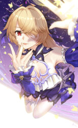 Rule 34 | 1girl, absurdres, alternate eye color, bare shoulders, blonde hair, blush, breasts, choker, detached sleeves, dress, eyepatch, fischl (ein immernachtstraum) (genshin impact), fischl (genshin impact), frills, gem, genshin impact, hair over one eye, hair ribbon, highres, jewelry, large breasts, linreplica, long hair, long sleeves, medium breasts, official alternate costume, official alternate eye color, pantyhose, purple choker, purple dress, purple gemstone, purple ribbon, purple sleeves, red eyes, ribbon, single leg pantyhose, single thighhigh, sky, smile, solo, star (sky), starry sky, thighhighs, tiara, white pantyhose, white thighhighs