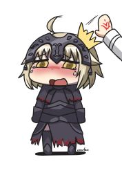 Rule 34 | 2girls, ahoge, armor, black dress, blonde hair, blush, chibi, command spell, cowfee, crying, diadem, dress, fate (series), fujimaru ritsuka (female), full body, gauntlets, hand on another&#039;s head, highres, hitting, jacket, jeanne d&#039;arc (fate), jeanne d&#039;arc (ruler) (fate), jeanne d&#039;arc alter (avenger) (fate), jeanne d&#039;arc alter (fate), long sleeves, multiple girls, open mouth, out of frame, riyo (lyomsnpmp) (style), sad, short hair, signature, simple background, solo focus, standing, tearing up, tears, thighhighs, white background, white jacket, yellow eyes