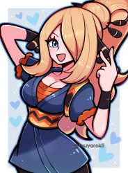 Rule 34 | 1girl, arm behind head, blonde hair, blue eyes, border, breasts, chest sarashi, cleavage, commentary, creatures (company), cynthia (pokemon), english commentary, game freak, hair ornament, hair over one eye, hair stick, hand up, heart, high ponytail, highres, inward v, japanese clothes, large breasts, long hair, looking at viewer, nintendo, obi, official alternate costume, open mouth, pokemon, pokemon (anime), pokemon jns01, pokemon journeys, ponytail, sarashi, sash, short sleeves, sidelocks, smile, solo, touyarokii, white border, wristband