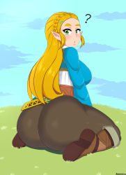 Rule 34 | 1girl, ?, absurdres, ass, blonde hair, boots, breasts, drunkavocado, green eyes, hair ornament, hairclip, highres, huge ass, large breasts, long hair, looking at viewer, nintendo, pants, parted lips, pointy ears, princess zelda, shirt, sideboob, sitting, solo, the legend of zelda, the legend of zelda: breath of the wild, wariza