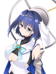 Rule 34 | 1girl, absurdres, bare shoulders, blue bow, blue bowtie, blue hair, blush, bow, bowtie, breasts, chain, cleavage cutout, clothing cutout, cropped shirt, detached sleeves, dreamoon, hair intakes, halo, headband, heart-shaped gem, highres, hololive, hololive english, jewelry, juliet sleeves, large breasts, long sleeves, looking at viewer, mechanical halo, ouro kronii, ouro kronii (1st costume), pinstripe pattern, pinstripe shirt, puffy sleeves, shirt, short hair, sleeveless, sleeveless shirt, solo, striped, turtleneck, underboob, veil, virtual youtuber