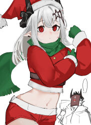 Rule 34 | ..., 1girl, 1other, absurdres, alternate costume, anger vein, ao oni (onioni-aoi), arknights, black horns, bras d&#039;honneur, character request, christmas, clenched hand, closed mouth, commentary request, cowboy shot, crop top, cropped sweater, earrings, fur-trimmed headwear, fur-trimmed sleeves, fur trim, gloves, green gloves, green scarf, hair ornament, hands up, hat, highres, horns, jewelry, long hair, long sleeves, looking at viewer, midriff, mudrock (arknights), navel, pointy ears, red eyes, red headwear, red shorts, red sweater, santa costume, santa hat, scarf, shorts, sidelocks, simple background, sketch, spoken ellipsis, star (symbol), star hair ornament, sweater, unfinished, we can do it!, white background, white hair