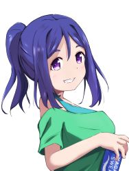 Rule 34 | 1girl, aqua shirt, artist name, artist request, bare shoulders, blue hair, blush, breasts, can, collarbone, dolphin print, drink can, female focus, green shirt, hair between eyes, hatsushiro-hinoe, highres, holding, holding can, long hair, looking at viewer, love live!, love live! school idol festival, love live! sunshine!!, matsuura kanan, medium breasts, parted lips, ponytail, purple eyes, shirt, sidelocks, smile, soda can, solo, undershirt, upper body, white background