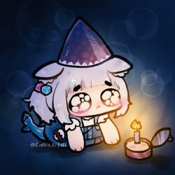 Rule 34 | 1girl, :&lt;, birthday, blue hair, blue overalls, blunt bangs, blush, candle, candlelight, catsu nyan, chibi, commentary, english commentary, fins, fire, fish tail, gawr gura, gawr gura (casual), hat, hololive, hololive english, multicolored hair, open can, overalls, party hat, shark girl, shark tail, shirt, short hair, solo, streaked hair, tail, twitter username, virtual youtuber, white shirt