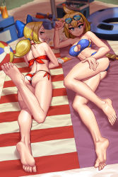Rule 34 | 2girls, ass, beach mat, beach umbrella, bikini, blonde hair, blue bikini, blue eyes, bow, breasts, cleavage, cleavage cutout, clothing cutout, eyebrows, feet, grin, hair bow, highres, innertube, large breasts, looking at viewer, looking back, low twintails, lying, lyoung0j, midriff, multiple girls, navel, on stomach, red bikini, red eyes, seductive smile, shantae (series), shantae and the pirate&#039;s curse, short hair, side-tie bikini bottom, smile, striped bikini, striped clothes, sunglasses on head, swim ring, swimsuit, tankini, the pose, twintails, twitch (shantae), umbrella, vinegar (shantae), wayforward