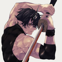 Rule 34 | 1boy, arknights, black hair, black shirt, bracelet, chimi (s8s8 bb), closed mouth, commentary request, demon horns, flamebringer (arknights), from side, holding, holding sword, holding weapon, horns, jewelry, katana, looking at viewer, male focus, muscular, muscular male, orange eyes, pointy ears, ring, scar, scar on arm, serious, shirt, short hair, sleeveless, sleeveless shirt, solo, sweat, sword, upper body, weapon