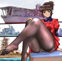 Rule 34 | 1girl, black pantyhose, brown eyes, brown hair, buttons, closed mouth, commentary request, double-breasted, dress, hair bun, kamisimo 90, knees up, long sleeves, looking at viewer, medium hair, military, original, panties, panties under pantyhose, pantyhose, red dress, ship, single hair bun, sitting, smile, underwear, watercraft, weapon, white panties