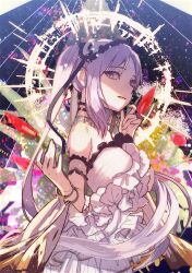 Rule 34 | 1girl, abstract background, arm garter, bare shoulders, detached collar, dress, fate/grand order, fate/hollow ataraxia, fate (series), frilled hairband, frills, hairband, highres, isagiyo, lolita hairband, long hair, looking at viewer, parted lips, purple eyes, purple hair, solo, stheno (fate), strapless, strapless dress, twintails, upper body, white dress