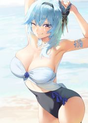 Rule 34 | 1girl, ;), absurdres, armlet, armpits, arms up, beach, black hairband, blue bow, blue hair, bow, breasts, butterfly hair ornament, cleavage, closed mouth, covered navel, cowboy shot, crossed bangs, day, dorontabi, eula (genshin impact), genshin impact, hair intakes, hair ornament, hairband, highres, large breasts, medium hair, one eye closed, outdoors, sidelocks, skindentation, smile, solo, stretching, swimsuit, two-tone swimsuit