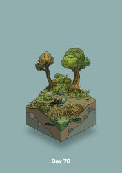 Rule 34 | absurdres, bird, blue background, bush, carrying, cattail, commentary request, diorama, gozz, highres, isometric, original, plant, pond, pot, tree