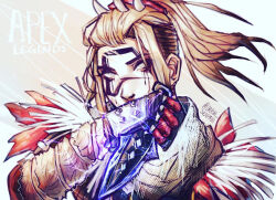 Rule 34 | 1girl, apex legends, artist name, blonde hair, commentary, copyright name, electricity, english commentary, facepaint, grey eyes, grey scarf, hair behind ear, holding, holding knife, knife, kunai, long hair, looking at viewer, night terror wraith, nina liu, official alternate costume, ponytail, portrait, scarf, solo, undercut, weapon, wraith (apex legends)