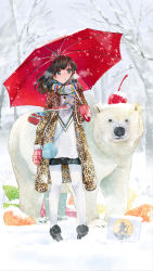 Rule 34 | 1girl, animal, animal print, bag, bear, black footwear, black skirt, blue eyes, boots, brown hair, cherry, clothes writing, coat, commentary request, day, food, food on head, fruit, full body, highres, holding, holding umbrella, kiwi (fruit), leopard print, long hair, looking at viewer, mandarin orange, mittens, music, object on head, open mouth, original, outdoors, oversized object, pantyhose, rainys bill, red umbrella, scarf, shoulder bag, singing, skirt, snow, snowing, solo, standing, striped clothes, striped scarf, translation request, tree, umbrella, white pantyhose, wind, winter, winter clothes