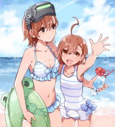 Rule 34 | 2girls, age difference, ahoge, beach, bikini, blue sky, breasts, brown eyes, brown hair, casual one-piece swimsuit, clone, cloud, collarbone, commentary request, cowboy shot, day, drink, flat chest, gekota, head-mounted display, highres, horizon, innertube, last order (toaru majutsu no index), looking at viewer, misaka imouto, multiple girls, nanaheibei 3, ocean, one-piece swimsuit, outdoors, shirt, short hair, sky, small breasts, striped bikini, striped clothes, striped one-piece swimsuit, swim ring, swimsuit, swimsuit skirt, age difference, toaru majutsu no index, wet, white bikini, white shirt
