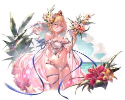 Rule 34 | 1girl, bare shoulders, beach, bikini, blonde hair, blue eyes, blush, breasts, cleavage, closed mouth, collarbone, cowboy shot, day, europa (granblue fantasy), europa (summer) (granblue fantasy), flower, gluteal fold, granblue fantasy, hair between eyes, hair flower, hair ornament, hibiscus, highres, large breasts, lily (flower), lips, looking at viewer, outdoors, red flower, short hair, skindentation, solo, standing, swimsuit, tiara, transparent background, white bikini, yellow flower, yu pian